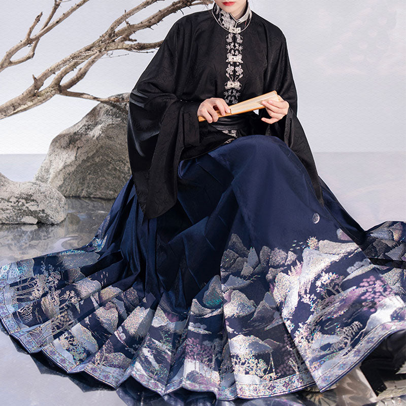 Mountain, Sea, Moon, and Brightness - Mamianqun Skirt with Vertical-collar Double-breasted Shirt Daily Hanfu Set