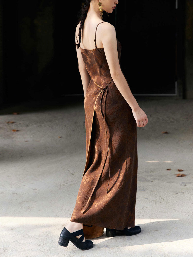 Chinese Vintage Floral Slim Fit Mulberry Silk Xiangyunsha Camisole Dress Brown / Silk Blend / M Chinese Vintage Floral Slim Fit Mulberry Silk Xiangyunsha Camisole Dress Brown / Silk Blend / M