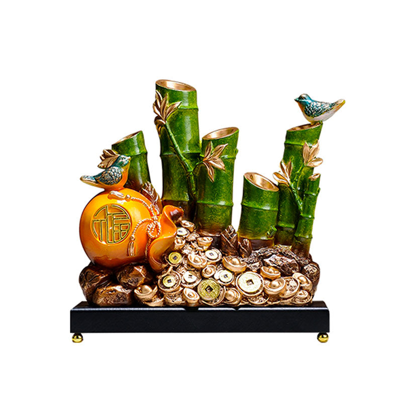 Rising Prosperity - Bamboo Bird Gold Ingot Creative Chinese Feng Shui Ornament with Pomegranate Fortune Pouch-04