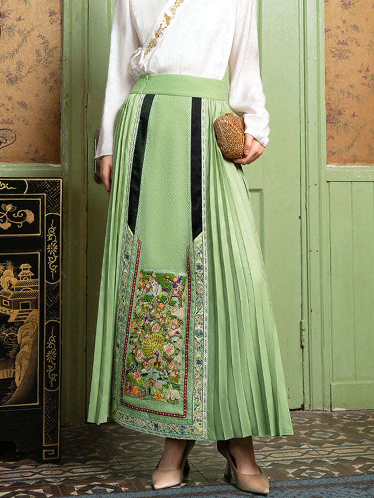 Embroidered Floral and Bird Pattern Ma Mian Skirt - Women's Wrap Skirt-01