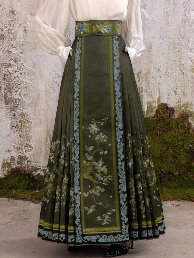 Floral & Avian Motifs – Modernized Seven-Pleated Woven-Gold Ma Mian Qun Skirt Inspired by Chinese Painted Screens-06