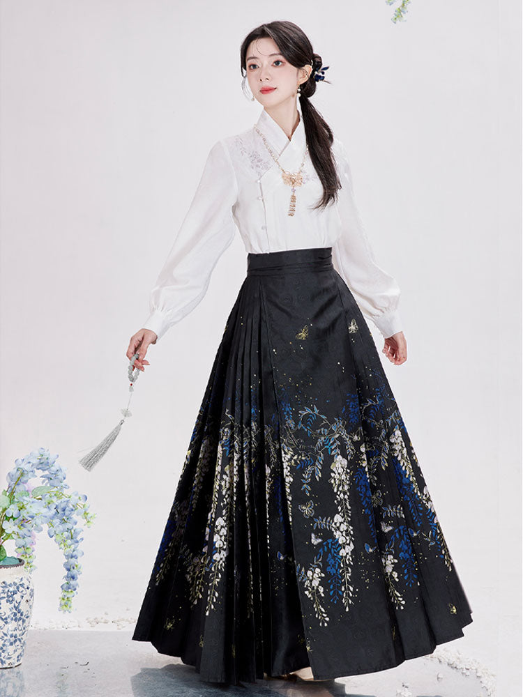 Wisteria Flower Rain Ma Mian Skirt - Modern Style Hanfu Mamianqun Daily Wear for Women-05