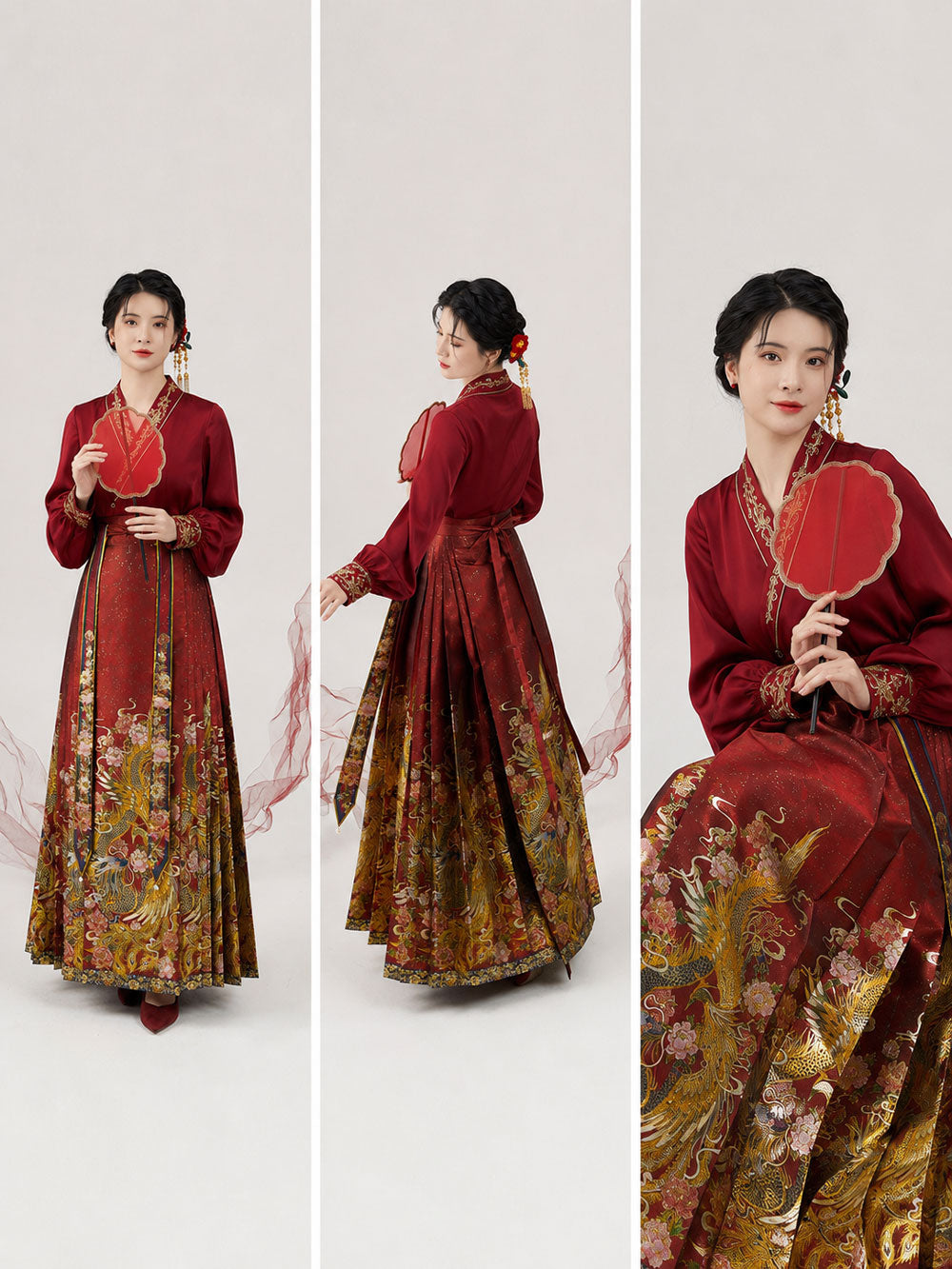 Phoenix & Peony — Ming-Style Gold-Woven Red Mamian Skirt Set-10