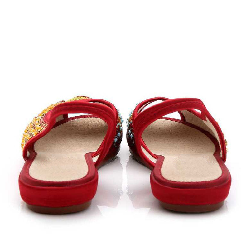 Red Embroidered Peep Toe Low Cut Flats-06
