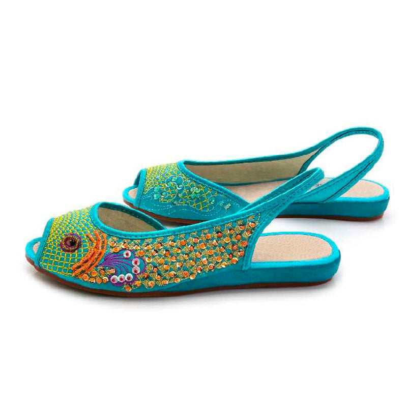 Lake blue satin peep-toe slip-on flats with embroidery and metallic thread-01
