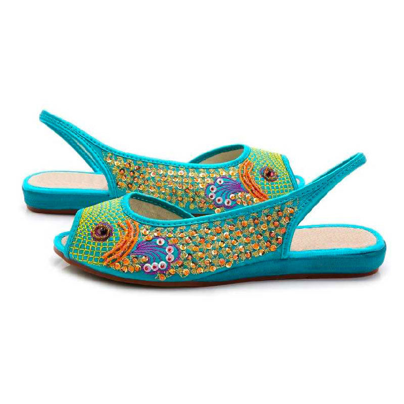 Lake blue satin peep-toe slip-on flats with embroidery and metallic thread-02