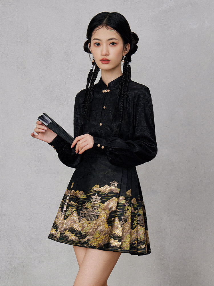 Mountains, Waters, and Pavilions – Woven Gold Short Mamianqun Skirt Neo-Hanfu Mini Skirt-01