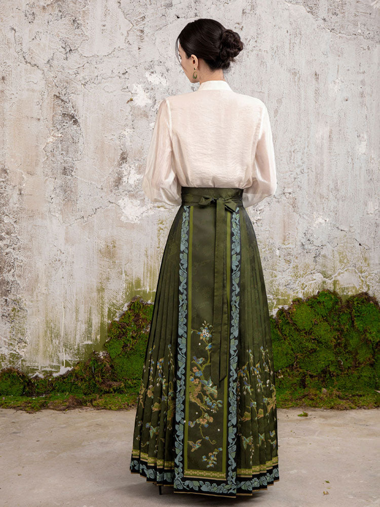 Floral & Avian Motifs – Modernized Seven-Pleated Woven-Gold Ma Mian Qun Skirt Inspired by Chinese Painted Screens-08