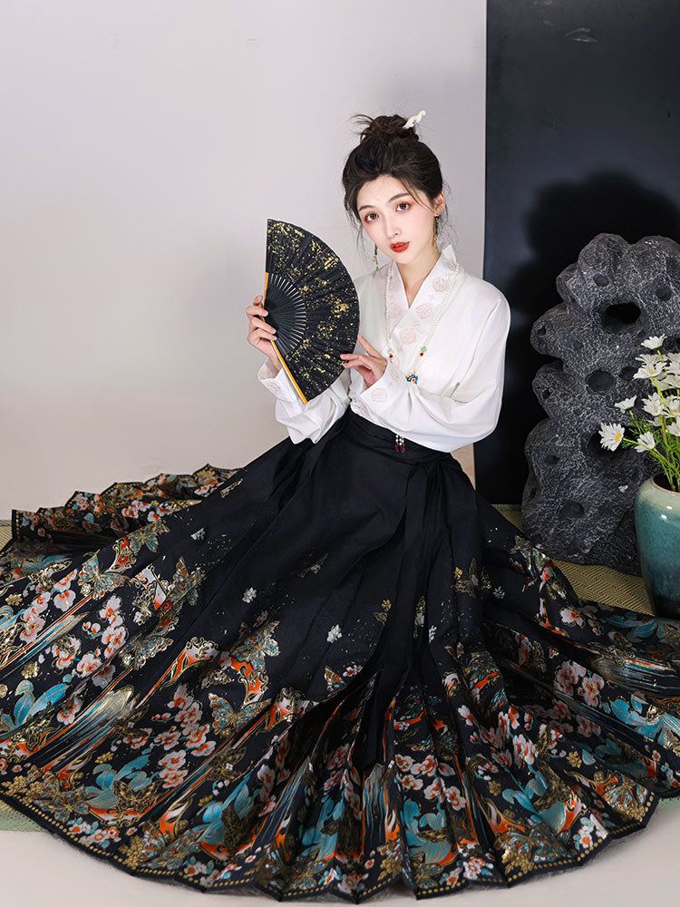 Butterfly Dawn -Woven Gold Butterfly Ma Mian Qun Hanfu Skirt-09