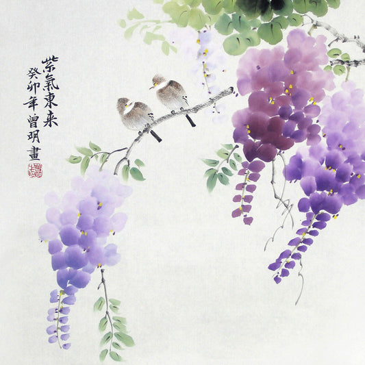 Wisteria & Sparrows - Ink & Color Guohua (Doufang, 50×50 cm)