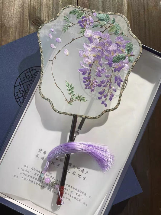 Nature Inspired Beautiful Purple Wisteria Blooming Single-Sided Embroidered Decorative Fan Chinese Gift-01