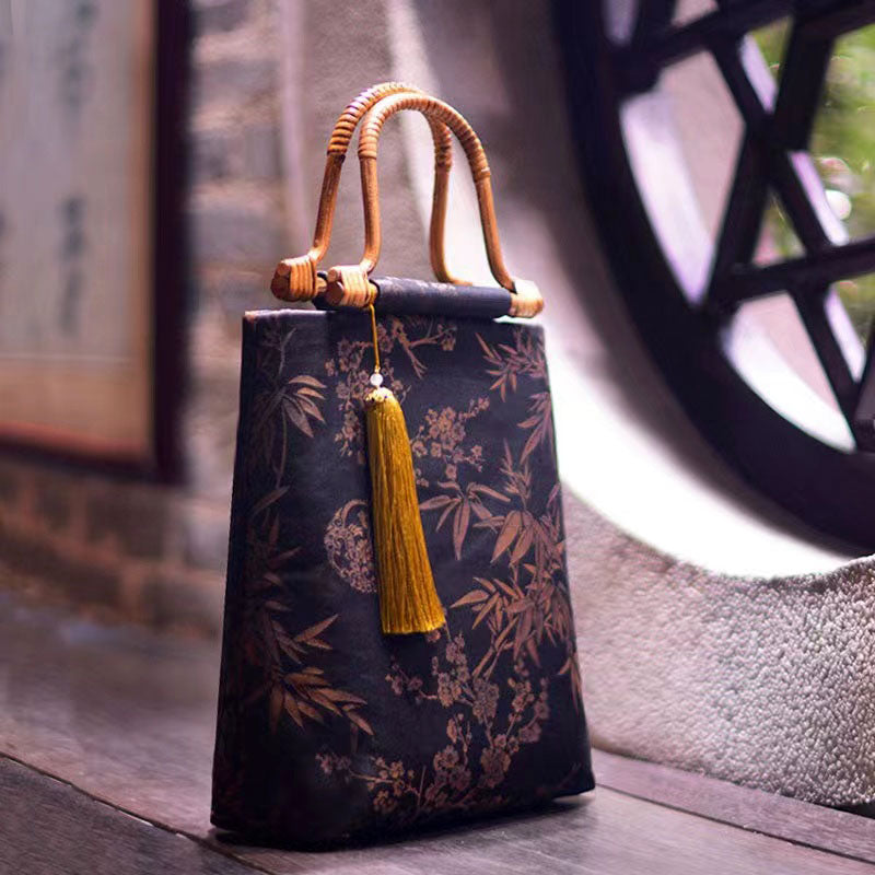 Retro Chinese Style Bamboo and Plum Print Handmade Wooden Handle Tote Bag