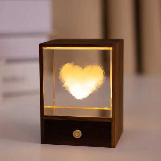 Lampe de table rechargeable en forme de cœur 3D avec base en noyer vintage, lumière changeante multicolore, cadeau d'anniversaire