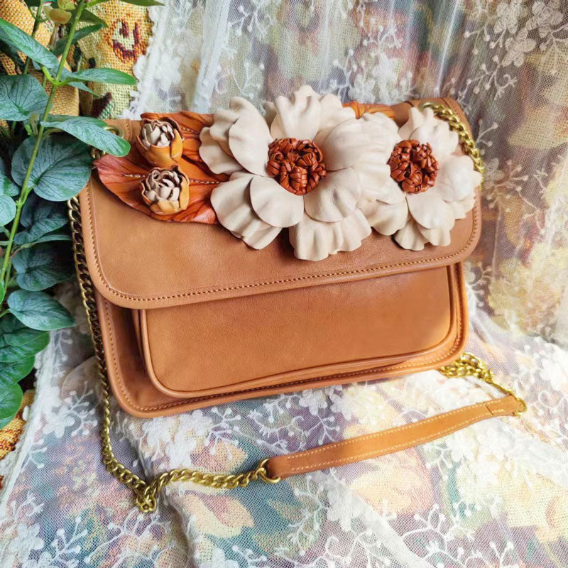 Handmade Vintage Flower Clusters Leather Messenger Bag for Women