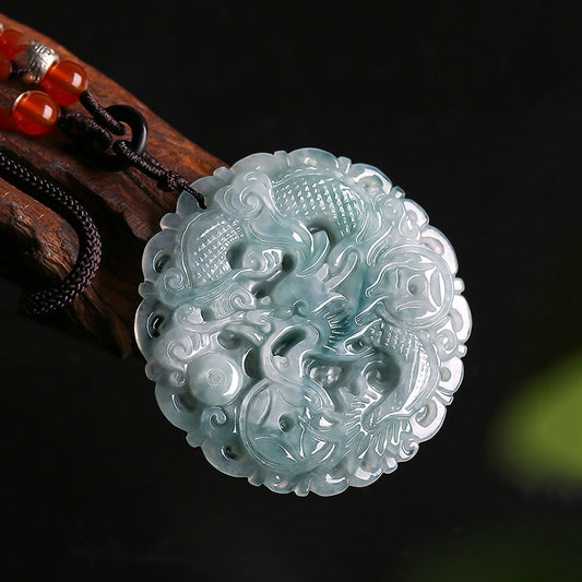 Hand Carved Round Natural Ice Jadeite Jade Chinese Dragon Pendant Necklace-01