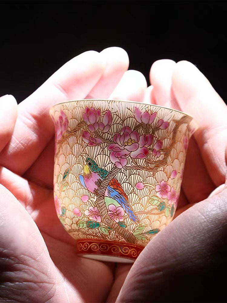 Retro Qing Dynasty Royal Style Cloisonné  Enamel Teacup with Magpie and Apricot Blossom