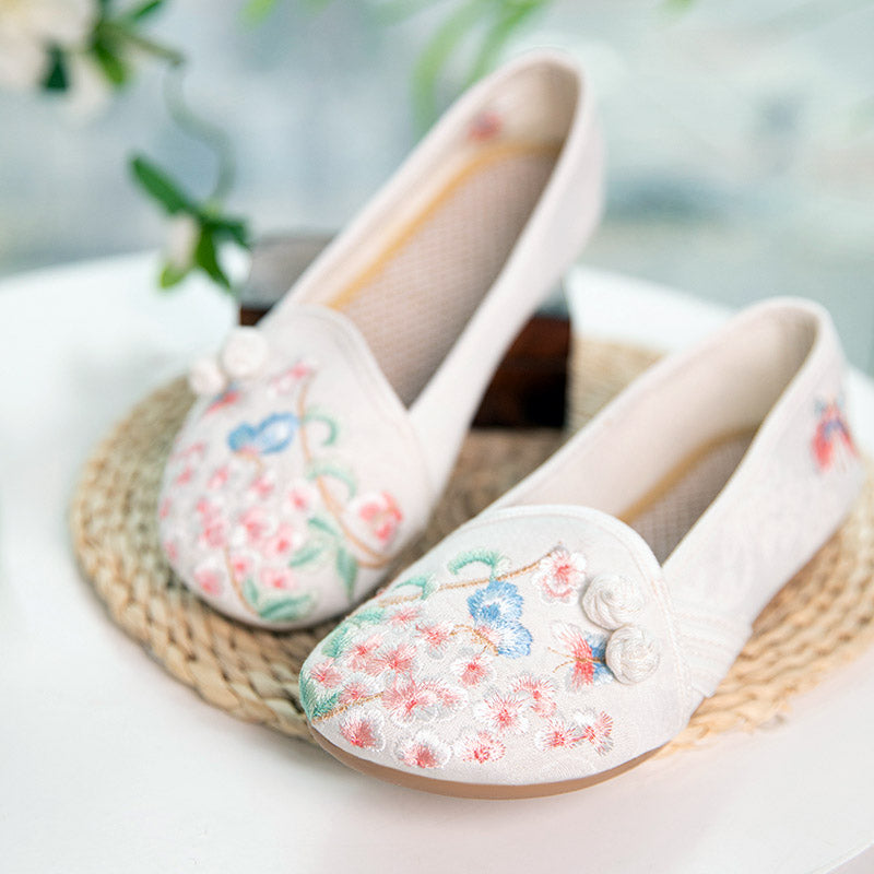 Delicate Butterfly and Pink Peach Blossom Embroidered Shoes