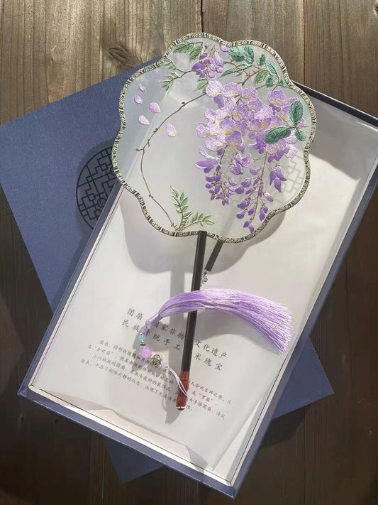 Bluedail Flower Shaped Single Side Beautiful Purple Wisteria Blossom Embroidered Handheld Decorative Fan Chinese Gift-01
