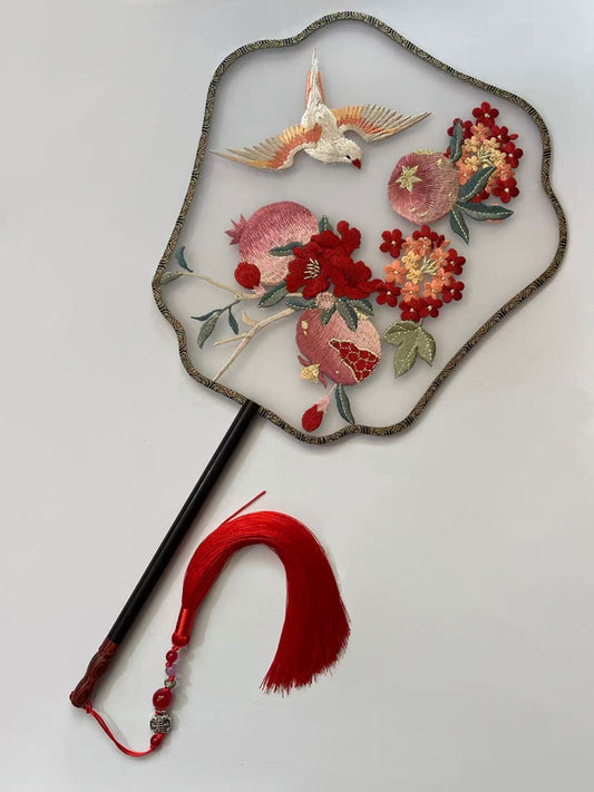 Red Pomegranate Flower and Bird - Single Side Embroidered Decorative Fan Chinese Gift-01