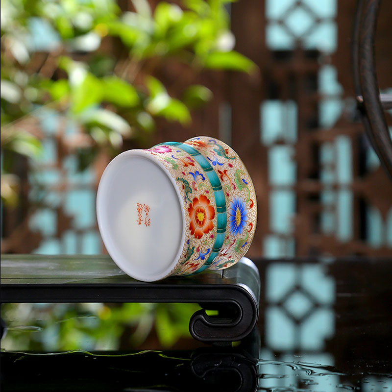 Tasse à thé Kung Fu en céramique peinte à la main en émail cloisonné Bu Bu Gao「riche et noble」Tasse à thé en bambou
