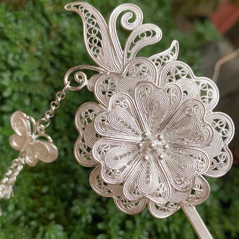 Handcrafted Vintage Chinese Style 999 Sterling Silver Double Flower Filigree Hairpin with Butterfly and Buds Tassel