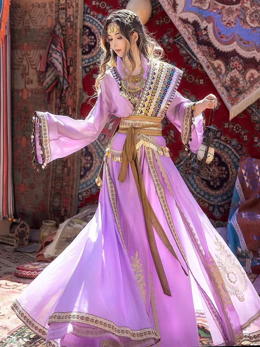 Inspired By the Ancient Western Chinese kingdom Princess of Loulan, Purple Boho Embroidery Hanfu Costume(4PCS)