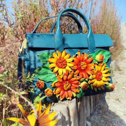 Handmade Casual Vintage Sunflower Flower Clusters Leather Handbag for Women