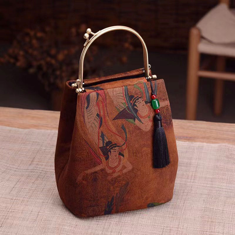 Vintage Chinese Style Retro Brown Feitian Flying Apsaras Silk Handbag with Tassel Charm-03