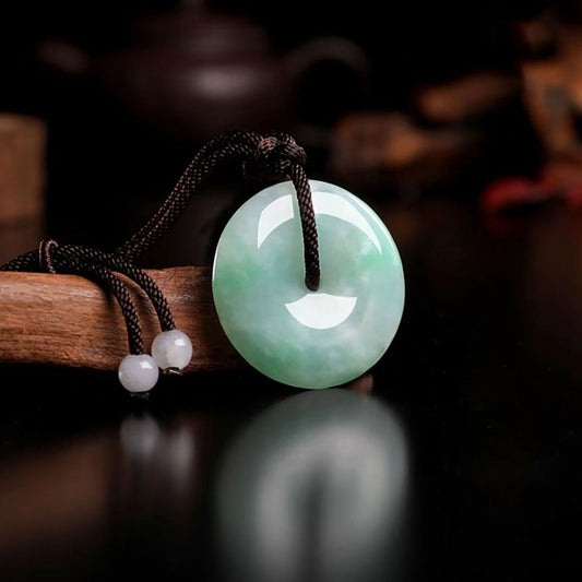 Moss in Snow Natural Ice Jadeite Jade Chinese「Ping An Kou」Pendant Necklace for Women and Men-01