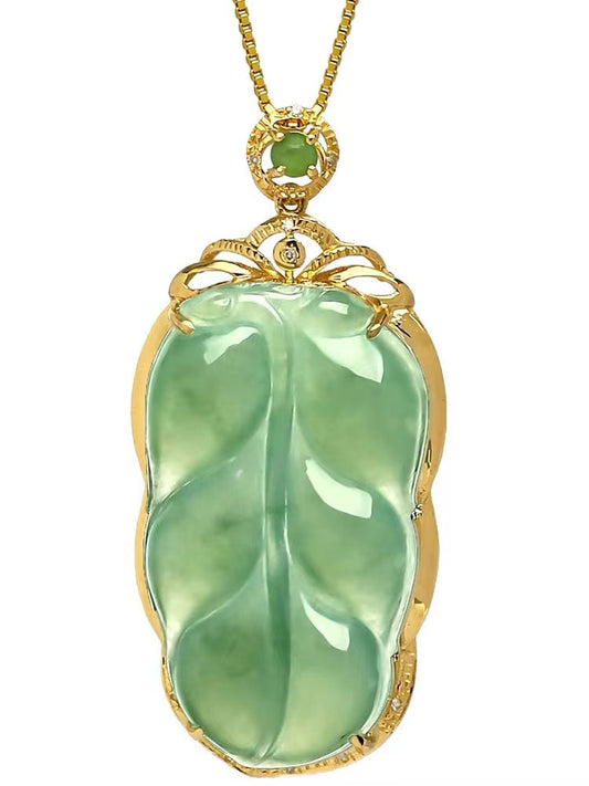 18K Gold Inlay Natural Ice Jadeite Jade Chinese「Jin Zhi Yu Ye」Golden Branch and Jade Leave Pendant Necklace-01