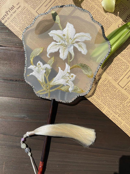 Bluedail Single Side Embroidered Lily Flower Handheld Decorative Fan Chinese Gift-01
