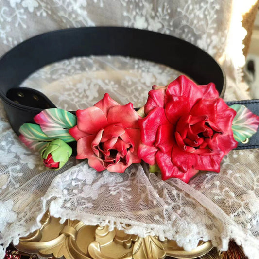 Handmade Vintage Red Rose Flowers Women's Leather Belt