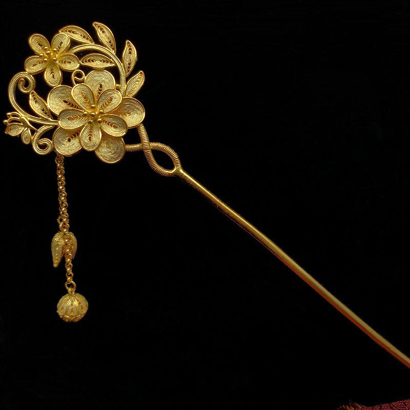 Handcrafted Vintage Chinese Style 999 Sterling Silver Filigree Flowers on the Branch with Butterfly, Flower Buds Tassel Hairpin