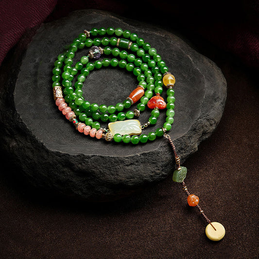 Vintage Chinese Style Spinach Green Natural Jade Beaded Necklace with Multi-Gemstone-01