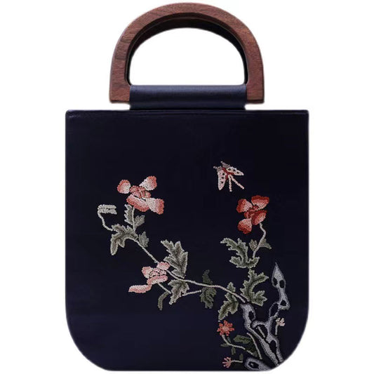 Retro Chinese Style Embroidered Silk Handbag with Wooden Handle