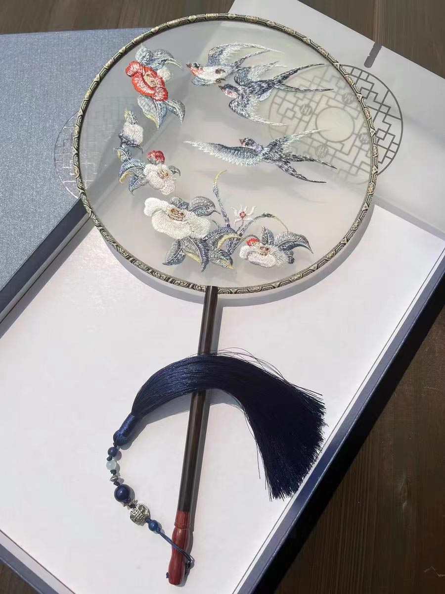 Ancient Chinese Landscape Painting - Spring Comes and Yan Returns Round Shaped Single Side Embroidered Beautiful Decorative Fan Chinese Gift-05