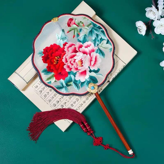 Handmade Double Side Embroidered Suzhou Embroidery Blooming Peony Flower Chinese Handheld Decorative Fan Chinese Art-01