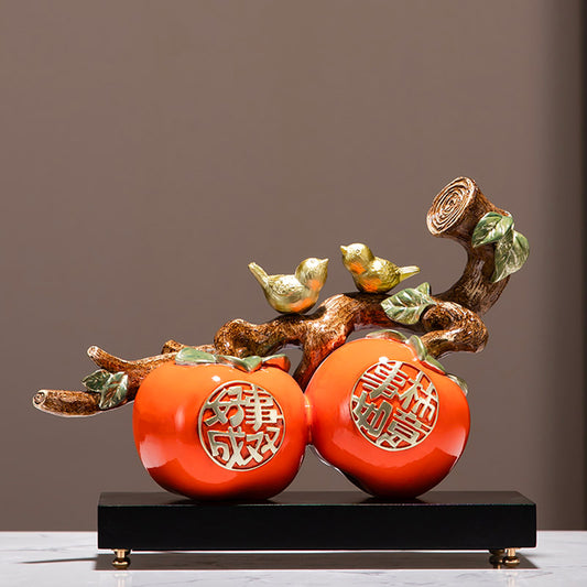 Two Birds Perched on a Persimmon Tree Branch - Good Things Come in Pairs Persimmon Ornament Table Decor Housewarming Gift