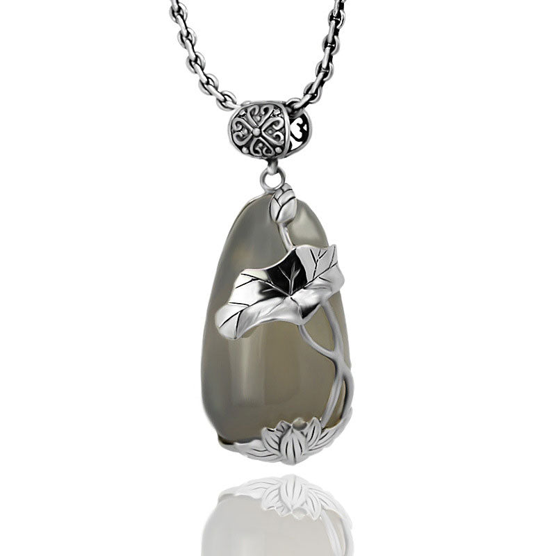 Vintage Silve Filigree Lotus and Koi Fish Chalcedony Inlay Pendant Necklace-01