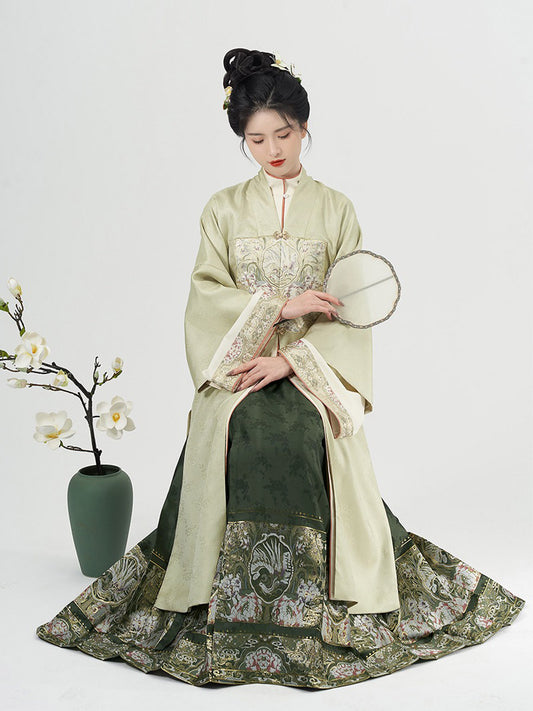 Traditional Ancient Chinese Style Phoenix and Peony Pattern Green Embroidery Mamianqun Hanfu Dress-01