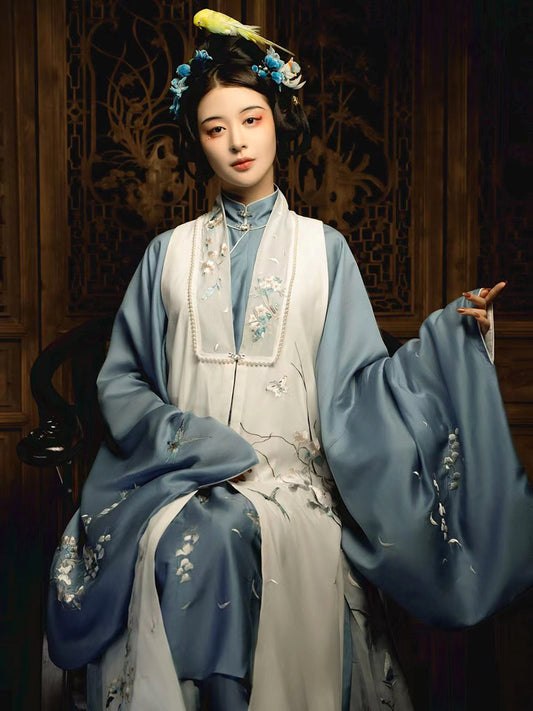 The Scent of Flowers on a Rainy Night Misty Blue Embroidery Hanfu Clothing-01