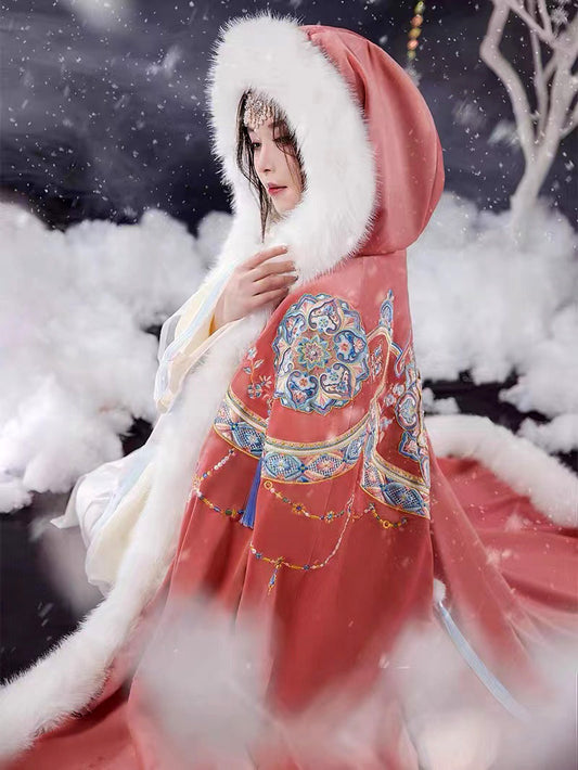 Bluedail Dunhuang Caisson Pattern Embroidery Fall and Winter Long Fleece Hooded Warm Cloak with Artificial Large Fur Collar-01