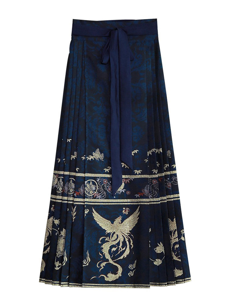 Woven Gold Phoenix and Xiangyun Floral Yarn-dyed Jacquard Cloth Horse Face Skirt Morden Hanfu Mamianqun-01