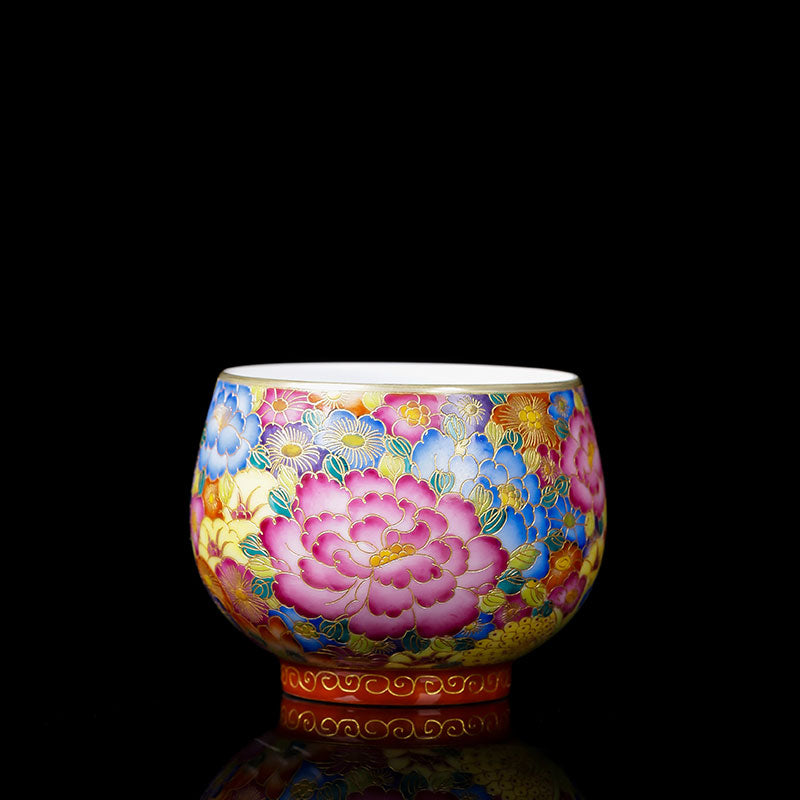Jingdezhen Antique Cloisonné Enamel Painting Blooming Flowers Porcelain Tea Cup