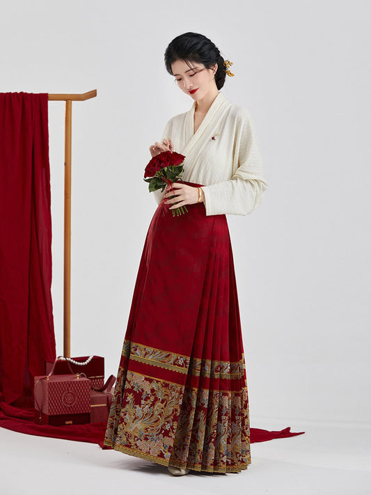 Vintage Chinese Style Phoenix and Peony Pattern Embroidery Mamianqun Hanfu Skirt-01