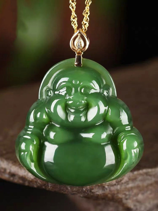 Emerald Green Natural Jadeite Jade Laughing Buddha「Happiness」Pendant Necklace for Men and Women-01