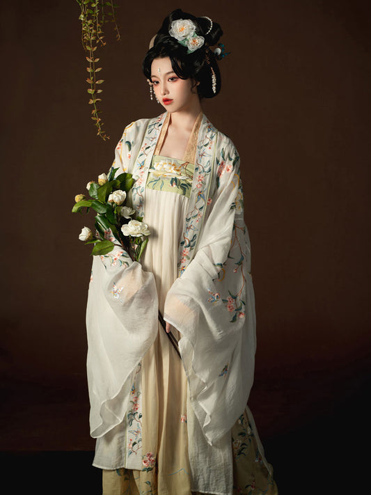 Song of Spring - Peony and Pear Blossoms Embroidery Hanfu Clothing Chinese Dress for Garden Tea Party-01