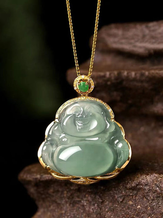 18K Gold Inlay Natural Ice Jadeite Jade Laughing Buddha「Happiness」Pendant Necklace for Men and Women-01