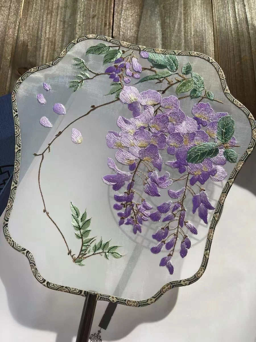 Nature Inspired Beautiful Purple Wisteria Blooming Single-Sided Embroidered Decorative Fan Chinese Gift-02