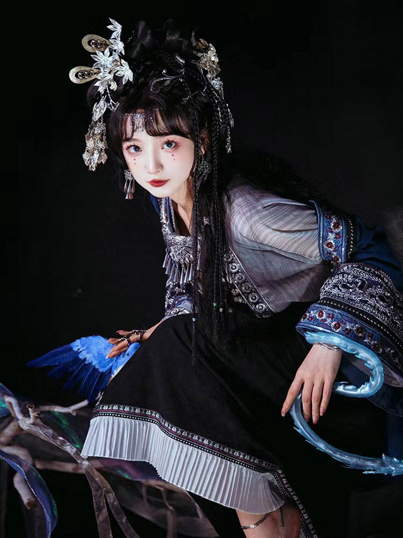 Miao Ethnic Minority Blue Embroidery Morden Hanfu Skirt Set-04